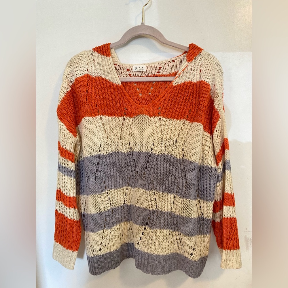 POL V-Neck Sweater Orange Gray Striped Knit with Hoodie